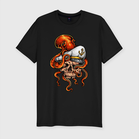 Мужская футболка хлопок Slim с принтом Skull cаp , 92% хлопок, 8% лайкра | приталенный силуэт, круглый вырез ворота, длина до линии бедра, короткий рукав | Тематика изображения на принте: caotain | cap | octopus | skull | капитан | моряк | осьминог | череп | якорь