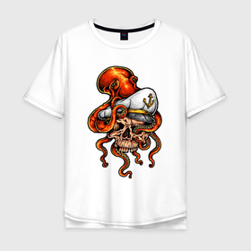 Мужская футболка хлопок Oversize с принтом Skull cаp , 100% хлопок | свободный крой, круглый ворот, “спинка” длиннее передней части | Тематика изображения на принте: caotain | cap | octopus | skull | капитан | моряк | осьминог | череп | якорь
