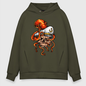 Мужское худи Oversize хлопок с принтом Skull cаp в Тюмени, френч-терри — 70% хлопок, 30% полиэстер. Мягкий теплый начес внутри —100% хлопок | боковые карманы, эластичные манжеты и нижняя кромка, капюшон на магнитной кнопке | Тематика изображения на принте: caotain | cap | octopus | skull | капитан | моряк | осьминог | череп | якорь