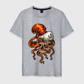 Мужская футболка хлопок с принтом Skull cаp в Курске, 100% хлопок | прямой крой, круглый вырез горловины, длина до линии бедер, слегка спущенное плечо. | Тематика изображения на принте: caotain | cap | octopus | skull | капитан | моряк | осьминог | череп | якорь