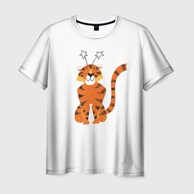 Мужская футболка 3D с принтом Тигр новогодний , 100% полиэфир | прямой крой, круглый вырез горловины, длина до линии бедер | 2022 | животные | новый год | тигр | тигренок