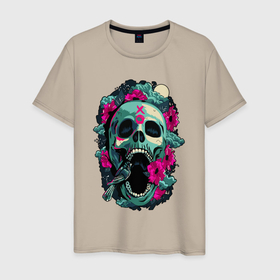 Мужская футболка хлопок с принтом Sparrow skull в Екатеринбурге, 100% хлопок | прямой крой, круглый вырез горловины, длина до линии бедер, слегка спущенное плечо. | bone | moon | roses | skull | sparrow | воробей | кость | крик | кричит | луна | розы | череп