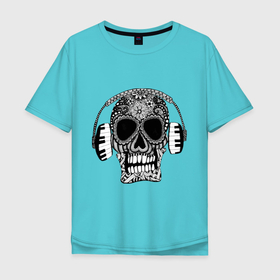 Мужская футболка хлопок Oversize с принтом Musical skull в Екатеринбурге, 100% хлопок | свободный крой, круглый ворот, “спинка” длиннее передней части | headphones | music | piano | skull | музыка | наушники | пианино | узоры | чреп
