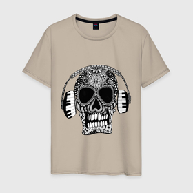 Мужская футболка хлопок с принтом Musical skull в Тюмени, 100% хлопок | прямой крой, круглый вырез горловины, длина до линии бедер, слегка спущенное плечо. | headphones | music | piano | skull | музыка | наушники | пианино | узоры | чреп