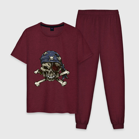 Мужская пижама хлопок с принтом Pirат skull в Санкт-Петербурге, 100% хлопок | брюки и футболка прямого кроя, без карманов, на брюках мягкая резинка на поясе и по низу штанин
 | bandana | bones | one eye | pirat | roger | skull | бандана | кости | одноглазый | пират | роджер | череп