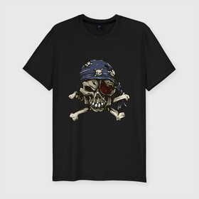 Мужская футболка хлопок Slim с принтом Pirат skull в Белгороде, 92% хлопок, 8% лайкра | приталенный силуэт, круглый вырез ворота, длина до линии бедра, короткий рукав | bandana | bones | one eye | pirat | roger | skull | бандана | кости | одноглазый | пират | роджер | череп