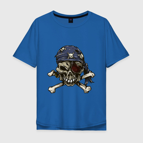 Мужская футболка хлопок Oversize с принтом Pirат skull в Петрозаводске, 100% хлопок | свободный крой, круглый ворот, “спинка” длиннее передней части | Тематика изображения на принте: bandana | bones | one eye | pirat | roger | skull | бандана | кости | одноглазый | пират | роджер | череп