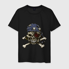 Мужская футболка хлопок с принтом Pirат skull , 100% хлопок | прямой крой, круглый вырез горловины, длина до линии бедер, слегка спущенное плечо. | bandana | bones | one eye | pirat | roger | skull | бандана | кости | одноглазый | пират | роджер | череп