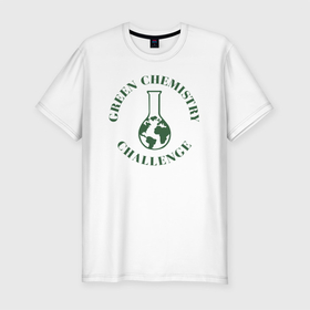 Мужская футболка хлопок Slim с принтом GREEN CHEMISTRY , 92% хлопок, 8% лайкра | приталенный силуэт, круглый вырез ворота, длина до линии бедра, короткий рукав | Тематика изображения на принте: будущее | вещества | зеленая химия | колба | наука | университет | химия | челлендж | экология