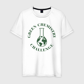 Мужская футболка хлопок с принтом GREEN CHEMISTRY в Тюмени, 100% хлопок | прямой крой, круглый вырез горловины, длина до линии бедер, слегка спущенное плечо. | будущее | вещества | зеленая химия | колба | наука | университет | химия | челлендж | экология
