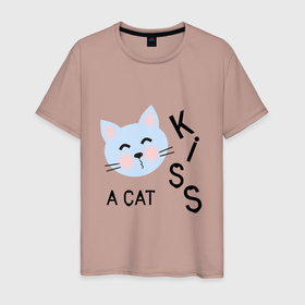 Мужская футболка хлопок с принтом Kiss a cAt в Екатеринбурге, 100% хлопок | прямой крой, круглый вырез горловины, длина до линии бедер, слегка спущенное плечо. | забавно | кот | котенок | котик | кошка | надпись | поцелуй | поцелуйчик | прикол | смешно | текст | эмодзи | эмоции