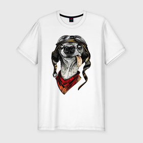 Мужская футболка хлопок Slim с принтом Biker dog в Санкт-Петербурге, 92% хлопок, 8% лайкра | приталенный силуэт, круглый вырез ворота, длина до линии бедра, короткий рукав | Тематика изображения на принте: biker | dog | байкер | собака | такса