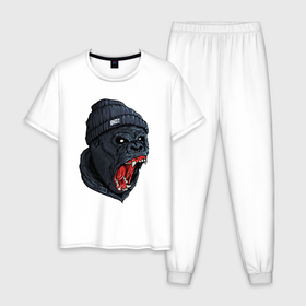 Мужская пижама хлопок с принтом Scream gorilla в Новосибирске, 100% хлопок | брюки и футболка прямого кроя, без карманов, на брюках мягкая резинка на поясе и по низу штанин
 | bandit | gorilla | monkey | scream | бандит | горилла | кричит | обезьяна