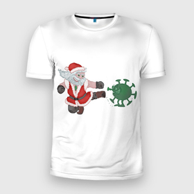Мужская футболка 3D Slim с принтом Дед Мороз Против Вируса в Екатеринбурге, 100% полиэстер с улучшенными характеристиками | приталенный силуэт, круглая горловина, широкие плечи, сужается к линии бедра | covid | боевой | вирус | дед мороз | ковид | короновирус | новый год | рождество | санта
