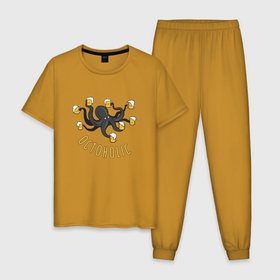 Мужская пижама хлопок с принтом Octoholic в Белгороде, 100% хлопок | брюки и футболка прямого кроя, без карманов, на брюках мягкая резинка на поясе и по низу штанин
 | Тематика изображения на принте: алгоголь | осьминог | прикол