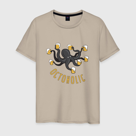 Мужская футболка хлопок с принтом Octoholic в Белгороде, 100% хлопок | прямой крой, круглый вырез горловины, длина до линии бедер, слегка спущенное плечо. | алгоголь | осьминог | прикол