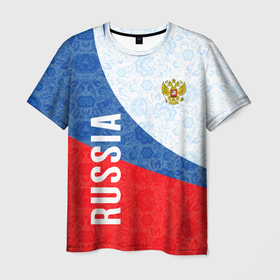 Мужская футболка 3D с принтом RUSSIA SPORT STYLE  | РОССИЯ СПОРТИВНЫЙ СТИЛЬ , 100% полиэфир | прямой крой, круглый вырез горловины, длина до линии бедер | Тематика изображения на принте: flag | russia | sport | team | герб | патриотизм | росссия | сборная | спорт | страна | триколор | узор | флаг | хохлома