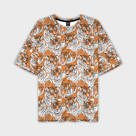Мужская футболка OVERSIZE 3D с принтом Тигры (рисованный стиль) в Тюмени,  |  | animal | beast | cat | predator | tiger | амурский тигр | белый тигр | год тигра | дикий тигр | животное | зверь | злой тигр | кот | новый год 2022 | оскал | охотник | полосатая кошка | полоски тигра | саблезубый тигр