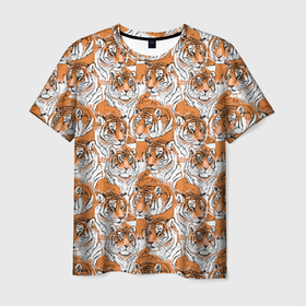 Мужская футболка 3D с принтом Тигры (рисованный стиль) , 100% полиэфир | прямой крой, круглый вырез горловины, длина до линии бедер | animal | beast | cat | predator | tiger | амурский тигр | белый тигр | год тигра | дикий тигр | животное | зверь | злой тигр | кот | новый год 2022 | оскал | охотник | полосатая кошка | полоски тигра | саблезубый тигр