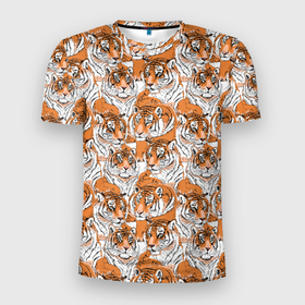 Мужская футболка 3D Slim с принтом Тигры (рисованный стиль) в Санкт-Петербурге, 100% полиэстер с улучшенными характеристиками | приталенный силуэт, круглая горловина, широкие плечи, сужается к линии бедра | animal | beast | cat | predator | tiger | амурский тигр | белый тигр | год тигра | дикий тигр | животное | зверь | злой тигр | кот | новый год 2022 | оскал | охотник | полосатая кошка | полоски тигра | саблезубый тигр