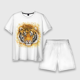 Мужской костюм с шортами 3D с принтом Дикий Тигр (Wild Tiger) ,  |  | animal | beast | cat | predator | tiger | амурский тигр | белый тигр | год тигра | дикий тигр | животное | зверь | злой тигр | кот | новый год 2022 | оскал | охотник | полосатая кошка | полоски тигра | саблезубый тигр