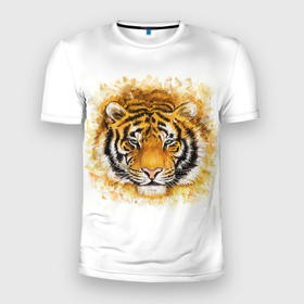 Мужская футболка 3D Slim с принтом Дикий Тигр (Wild Tiger) в Кировске, 100% полиэстер с улучшенными характеристиками | приталенный силуэт, круглая горловина, широкие плечи, сужается к линии бедра | animal | beast | cat | predator | tiger | амурский тигр | белый тигр | год тигра | дикий тигр | животное | зверь | злой тигр | кот | новый год 2022 | оскал | охотник | полосатая кошка | полоски тигра | саблезубый тигр