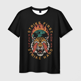 Мужская футболка 3D с принтом Молнии из глаз Тигра , 100% полиэфир | прямой крой, круглый вырез горловины, длина до линии бедер | animal | beast | cat | predator | tiger | амурский тигр | белый тигр | год тигра | дикий тигр | животное | зверь | злой тигр | кот | новый год 2022 | оскал | охотник | полосатая кошка | полоски тигра | саблезубый тигр