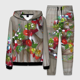 Мужской костюм 3D с принтом Зимние ягоды в Новосибирске, 100% полиэстер | Манжеты и пояс оформлены тканевой резинкой, двухслойный капюшон со шнурком для регулировки, карманы спереди | гирдянда | елка | зима | милый | новый год | пастельный | праздник | рождество | семейный | серый