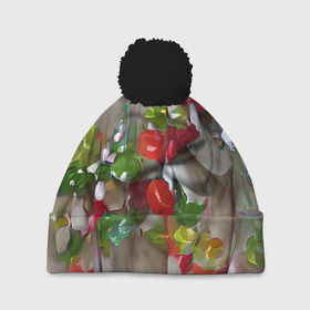 Шапка 3D c помпоном с принтом Зимние ягоды в Курске, 100% полиэстер | универсальный размер, печать по всей поверхности изделия | гирдянда | елка | зима | милый | новый год | пастельный | праздник | рождество | семейный | серый