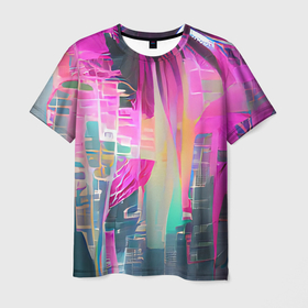 Мужская футболка 3D с принтом Кибер романтика в Санкт-Петербурге, 100% полиэфир | прямой крой, круглый вырез горловины, длина до линии бедер | cyberpunk | будущее | город | депрессивный | игра | кибер | киберпанк | неон | неоновый | тренд | фантастика | яркий