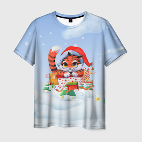 Мужская футболка 3D с принтом 2022   Тигренок с подарками , 100% полиэфир | прямой крой, круглый вырез горловины, длина до линии бедер | 2022 | год тигра | новый год | новый год 2022 | символ года | тигр | тигренок | тигрица | тигры