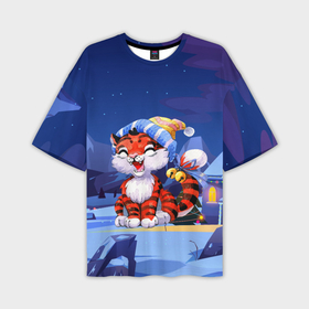 Мужская футболка OVERSIZE 3D с принтом Праздничный тигренок 2022 Новогодний в Петрозаводске,  |  | Тематика изображения на принте: 2022 | год тигра | новый год | новый год 2022 | символ года | тигр | тигренок | тигрица | тигры