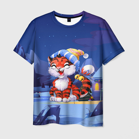 Мужская футболка 3D с принтом Праздничный тигренок 2022 Новогодний в Санкт-Петербурге, 100% полиэфир | прямой крой, круглый вырез горловины, длина до линии бедер | 2022 | год тигра | новый год | новый год 2022 | символ года | тигр | тигренок | тигрица | тигры