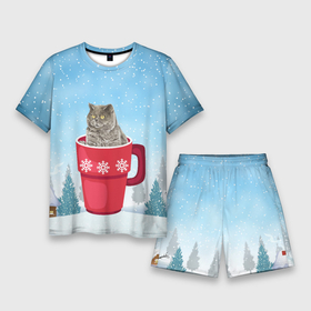 Мужской костюм с шортами 3D с принтом Удивленный котик в кружке в Екатеринбурге,  |  | зима | кот | котенок | котик | котики | кошка | новогодняя | новый год | рождество | тепло