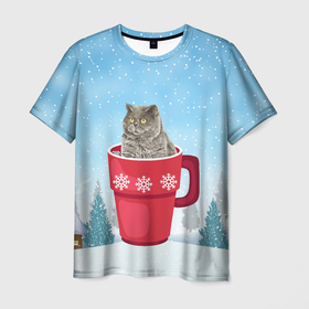 Мужская футболка 3D с принтом Удивленный котик в кружке в Екатеринбурге, 100% полиэфир | прямой крой, круглый вырез горловины, длина до линии бедер | зима | кот | котенок | котик | котики | кошка | новогодняя | новый год | рождество | тепло
