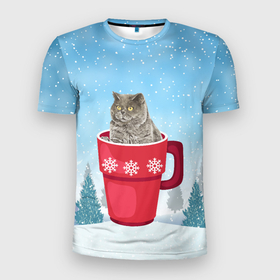 Мужская футболка 3D Slim с принтом Удивленный котик в кружке в Белгороде, 100% полиэстер с улучшенными характеристиками | приталенный силуэт, круглая горловина, широкие плечи, сужается к линии бедра | Тематика изображения на принте: зима | кот | котенок | котик | котики | кошка | новогодняя | новый год | рождество | тепло