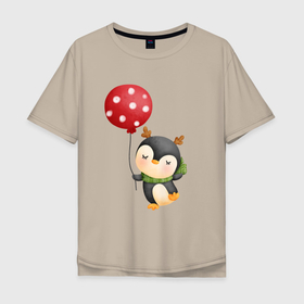 Мужская футболка хлопок Oversize с принтом пингвин с шариком Зима , 100% хлопок | свободный крой, круглый ворот, “спинка” длиннее передней части | зимний | новый год | пингвин | рождество | шарик