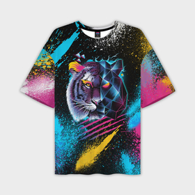 Мужская футболка OVERSIZE 3D с принтом Забрызганный тигр в Петрозаводске,  |  | Тематика изображения на принте: 2021 | 2022 | happy new year | happy new year 2022 | год тигра | животное | зверь | новый год | новый год 2022 | тигр