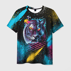 Мужская футболка 3D с принтом Забрызганный тигр в Петрозаводске, 100% полиэфир | прямой крой, круглый вырез горловины, длина до линии бедер | 2021 | 2022 | happy new year | happy new year 2022 | год тигра | животное | зверь | новый год | новый год 2022 | тигр