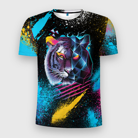 Мужская футболка 3D Slim с принтом Забрызганный тигр в Петрозаводске, 100% полиэстер с улучшенными характеристиками | приталенный силуэт, круглая горловина, широкие плечи, сужается к линии бедра | 2021 | 2022 | happy new year | happy new year 2022 | год тигра | животное | зверь | новый год | новый год 2022 | тигр