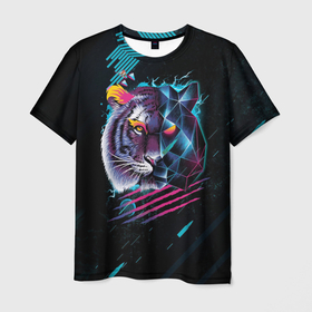 Мужская футболка 3D с принтом Разноцветный тигр в Курске, 100% полиэфир | прямой крой, круглый вырез горловины, длина до линии бедер | 2021 | 2022 | happy new year | happy new year 2022 | год тигра | животное | зверь | новый год | новый год 2022 | тигр