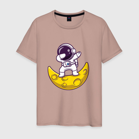 Мужская футболка хлопок с принтом Космонавт танцует на кусочке сыра , 100% хлопок | прямой крой, круглый вырез горловины, длина до линии бедер, слегка спущенное плечо. | астронавт | детская | детям | космонавт | космонавтика | космос | луна | скафандр | сыр | танцы