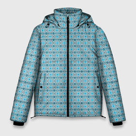 Мужская зимняя куртка 3D с принтом Новогодний узор голубой в Курске, верх — 100% полиэстер; подкладка — 100% полиэстер; утеплитель — 100% полиэстер | длина ниже бедра, свободный силуэт Оверсайз. Есть воротник-стойка, отстегивающийся капюшон и ветрозащитная планка. 

Боковые карманы с листочкой на кнопках и внутренний карман на молнии. | deer | new year | pattern | snow | snowflake | tracery | елка | новый год | олень | снежинка | узор