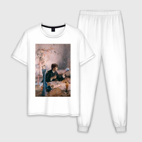 Мужская пижама хлопок с принтом Тимоти Шаламе картина художник в Петрозаводске, 100% хлопок | брюки и футболка прямого кроя, без карманов, на брюках мягкая резинка на поясе и по низу штанин
 | Тематика изображения на принте: timothee chalamet | дождливый день в нью йорке | дюна | жаркие летние ночи | картина | красивый мальчик | леди бёрд | маленькие женщины | назови меня своим именем | портрет | тимоти шаламе