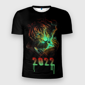 Мужская футболка 3D Slim с принтом Тигр | 2022 в Курске, 100% полиэстер с улучшенными характеристиками | приталенный силуэт, круглая горловина, широкие плечи, сужается к линии бедра | 2021 | 2022 | happy new year | happy new year 2022 | год тигра | животное | зверь | новый год | новый год 2022 | тигр