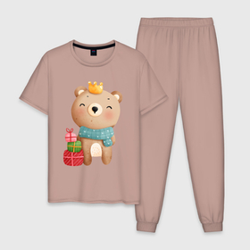 Мужская пижама хлопок с принтом Медвежонок с короной и подарками , 100% хлопок | брюки и футболка прямого кроя, без карманов, на брюках мягкая резинка на поясе и по низу штанин
 | медведь | медвежонок | новогодний | новый год | рождество | с подарками