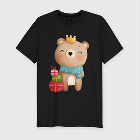 Мужская футболка хлопок Slim с принтом Медвежонок с короной и подарками , 92% хлопок, 8% лайкра | приталенный силуэт, круглый вырез ворота, длина до линии бедра, короткий рукав | медведь | медвежонок | новогодний | новый год | рождество | с подарками