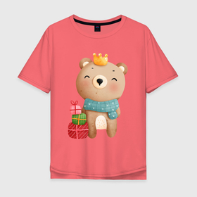 Мужская футболка хлопок Oversize с принтом Медвежонок с короной и подарками в Петрозаводске, 100% хлопок | свободный крой, круглый ворот, “спинка” длиннее передней части | медведь | медвежонок | новогодний | новый год | рождество | с подарками