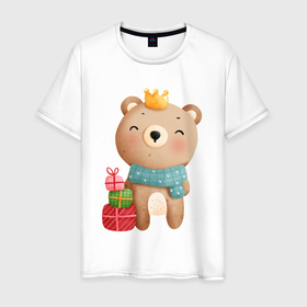 Мужская футболка хлопок с принтом Медвежонок с короной и подарками в Петрозаводске, 100% хлопок | прямой крой, круглый вырез горловины, длина до линии бедер, слегка спущенное плечо. | медведь | медвежонок | новогодний | новый год | рождество | с подарками