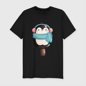 Мужская футболка хлопок Slim с принтом Пингвин   эскимо в Тюмени, 92% хлопок, 8% лайкра | приталенный силуэт, круглый вырез ворота, длина до линии бедра, короткий рукав | зима | мороженое | новый год | рождество | эскимо